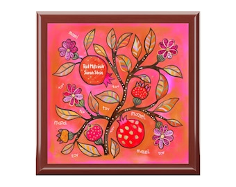 Custom Bat Mitzvah Gift Jewelry Wood Box, Personalized Bat Mitzvah Gift, Jewish Gift, Judaica Gift, Painted Folk Art Print on Ceramic Lid
