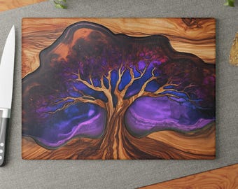 Tree of Life Glass Charcuterie Board, Cutting Board, Wedding Gift, Resin Epoxy Wood Look Print on Glass, Charcutier Board, Couple Gift, Art