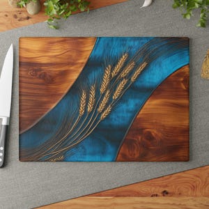 Charcuterie Board, Stunning Glass Cutting Board, Wedding Gift, Couple Gift, Wood Look and Resin Epoxy Print on Glass, Original Art, Art