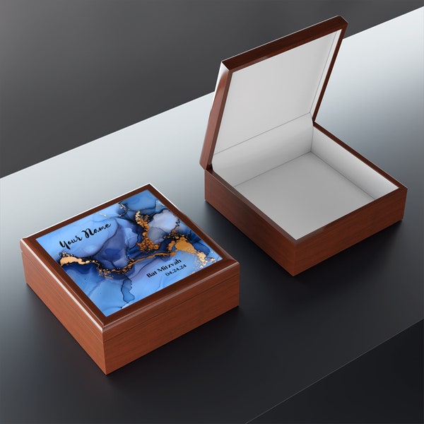 Custom Bat Mitzvah Gift Jewelry Wood Box, Jewish Gift, Bat Mitzvah Personalized Jewelry Box, Blue Gold, Glossy Ceramic and Beautiful Wood