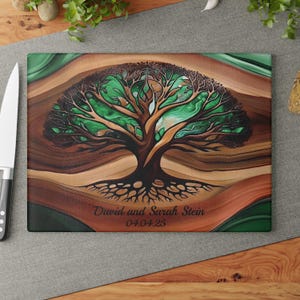 Personalized Charcuterie Board, Glass Green Tree of Life, Custom Wedding Gift, Resin Epoxy Look Print on Glass, Couple Gifts, Cutting Board