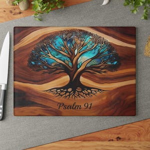 Baum des Lebens Glass Charcuterie Board, Psalm 91, Hochzeitsgeschenk, Harz Epoxy Holzoptik Druck auf Glas, Schrifttafel