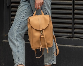 Natural Leather Laptop Backpack Women, Small Tote Leather Backpack Purse, Personalized Minimalist Rucksack Gift for Her