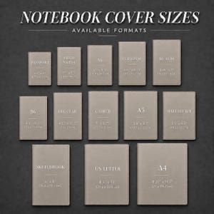 Pode incluir: Um gr&aacute;fico intitulado NOTEBOOK COVER SIZES AVAILABLE FORMATS exibindo quatorze capas de caderno retangulares cinzas. Cada capa &eacute; rotulada com o nome do formato e dimens&otilde;es em polegadas e cent&iacute;metros, variando de Passport a A4.