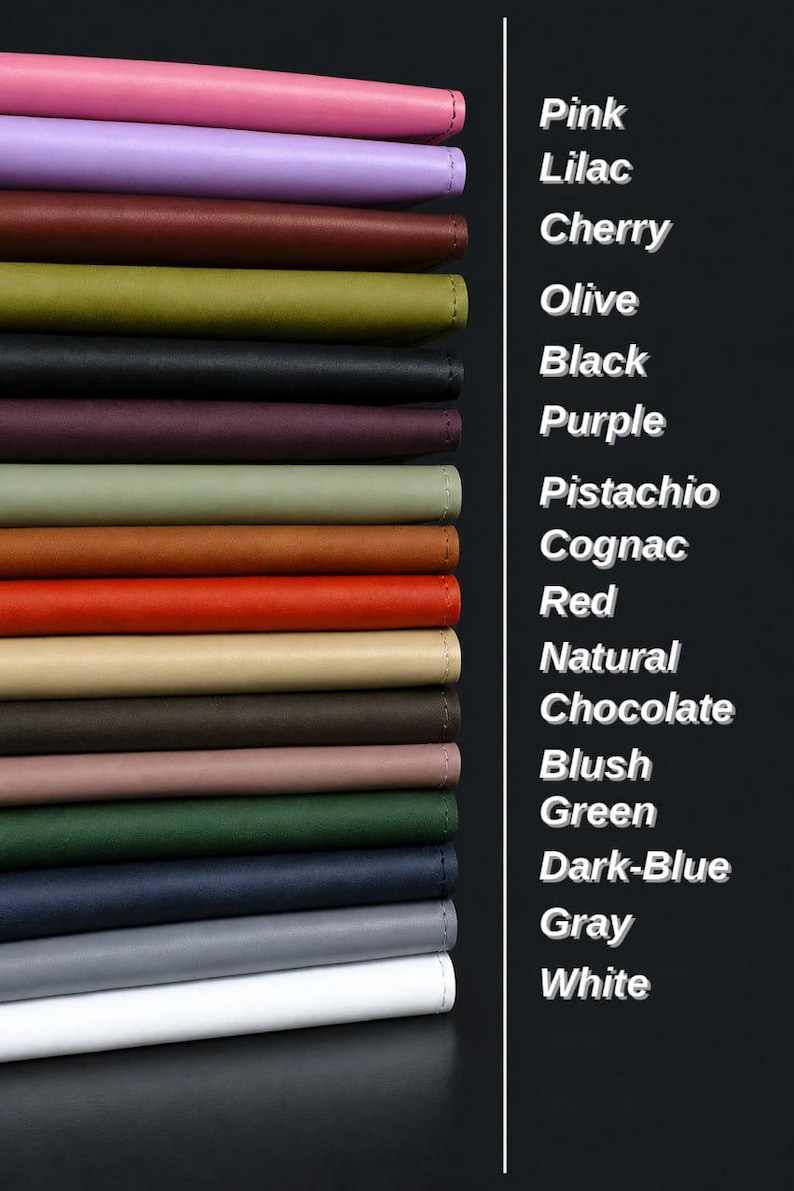 May include: A stack of fifteen rectangular leather-like items in various colors including pink, lilac, cherry, olive, black, purple, pistachio, cognac, red, natural, chocolate, blush, green, dark-blue, gray, and white, with corresponding text labels.