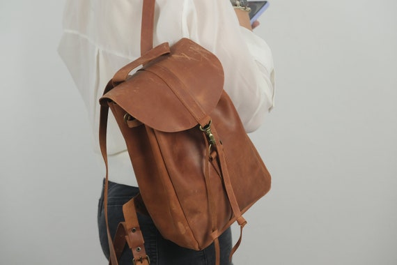 Personalized small Leather Backpack for women, Drawstring Leather Backpack, Vintage Leather Rucksack purse, Personalized Gift, Free Initials