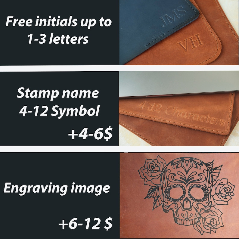 Pode incluir: Artigos de couro com op&ccedil;&otilde;es de personaliza&ccedil;&atilde;o. O topo mostra as iniciais JMS e VH gravadas em couro azul escuro e castanho. O meio exibe o texto 4-12 Characters em couro castanho. A parte inferior apresenta uma grava&ccedil;&atilde;o de caveira e rosas.