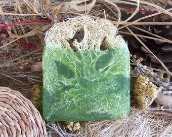 Pine Oil Loofah Glycerin Exfoliating, Moisturizing, Environment Friendly Handcrafted Soap for Vegans and Ideal for Travelers