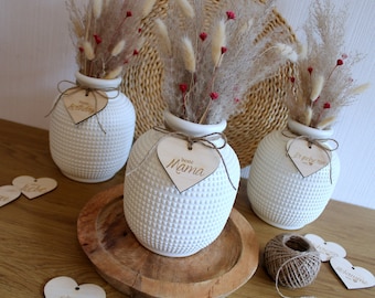 Trockenblumenstrauß mit Vase & graviertem Holzschild in Herzform | Trockenblumen Deko | Tischdeko | Geschenk Muttertag, Erzieherin, Hebamme