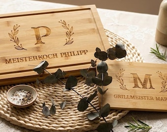 Personalized wooden cutting board | Gift for weddings, birthdays & housewarmings | Engraved bamboo breakfast board with name, Dad, Father's Day