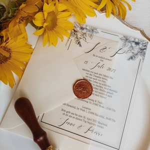 Einladung Hochzeit auf Acrylglas | Acryl Din B6 | inkl Briefumschlag und Wachssiegel grün blau beere rose taupe schwarz braun rot weiß