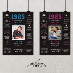 Geschenk zum 40. Geburtstag | Jahreschronik Jahr 1985 | Poster personalisiert mit eurem Foto |  Jubiläum | Din A4 | Din A3 | digital |