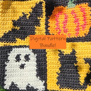 May include: A crochet pattern bundle featuring four Halloween-themed squares: a ghost, a pumpkin, a bat, and a black cat. The squares are crocheted in black, white, orange, and yellow yarn. The text "Digital Pattern Bundle!" is displayed on an orange background.