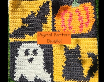 May include: A crochet pattern bundle featuring four Halloween-themed squares: a ghost, a pumpkin, a bat, and a black cat. The squares are crocheted in black, white, orange, and yellow yarn. The text "Digital Pattern Bundle!" is displayed on a orange background.