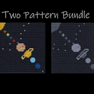 May include: Two cross-stitch patterns featuring celestial designs. One depicts a yellow sun, planets, and stars. The other shows a planet, a spaceship, and stars. The text "Two Pattern Bundle" is at the top.