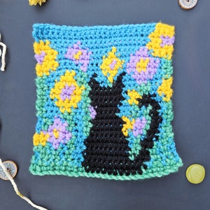 Patrón de ganchillo de tapiz de gato negro de primavera -Flores de temporada Grandma Square Whimsigoth Coaster Potholder Chart Grid - PATRÓN DIGITAL SOLAMENTE