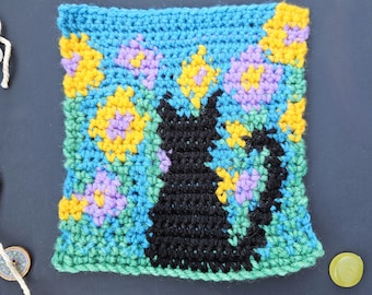Padrão de crochê para tapeçaria de gato preto da primavera: quadrado floral da vovó (padrão digital)