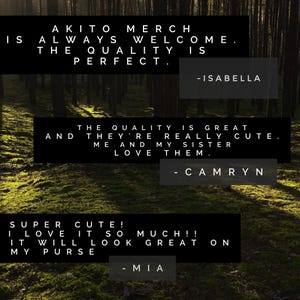 K&ouml;nnte beinhalten: Bild mit einem Waldbildhintergrund und Text in schwarzen Rechtecken. Der Text lautet: "AKITO MERCH IS ALWAYS WELCOME. THE QUALITY IS PERFECT." und "THE QUALITY IS GREAT AND THEY'RE REALLY CUTE. ME AND MY SISTER LOVE THEM." und "SUPER CUTE! I LOVE IT SO MUCH!! IT WILL LOOK GREAT ON MY PURSE."