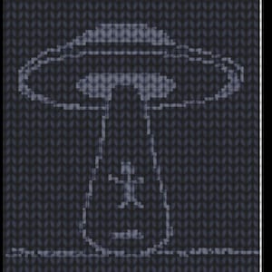 May include: A white knitted design of a mushroom with a person standing under the cap.