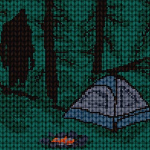 May include: A blue tent is set up in a dark green forest with a small orange campfire in the foreground.