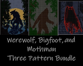 Three Cryptid Tapestry Crochet Patterns Bundle - Wall Hanging Blanket Pillow Tote - Werewolf Mothman Halloween Sasquatch - DIGITAL PATTERN