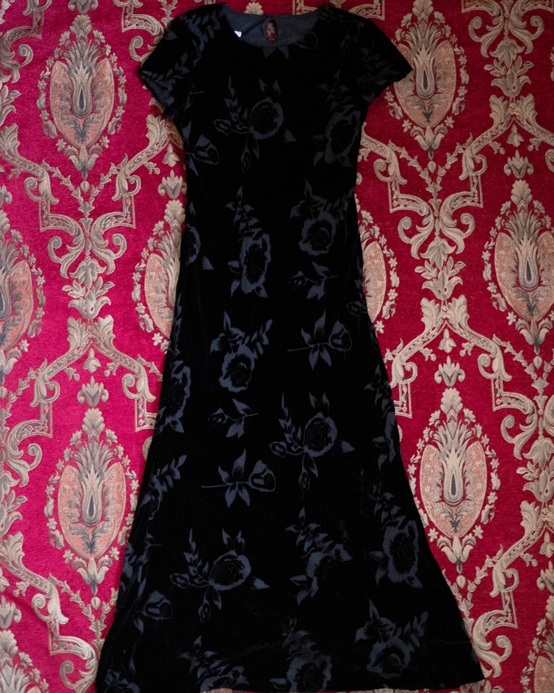 Vintage Black Velvet Floral Burn Out Maxi Dress