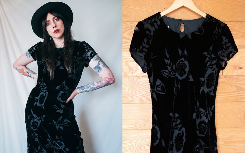 Vintage Black Velvet Floral Burn Out Maxi Dress