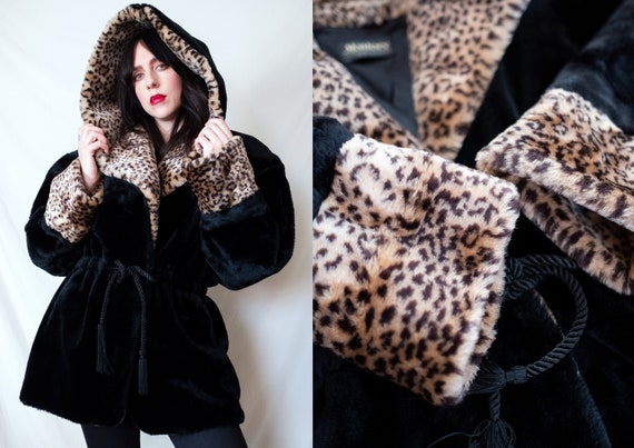 Vintage Oversized Black and Leopard Plush Faux Fur Coat