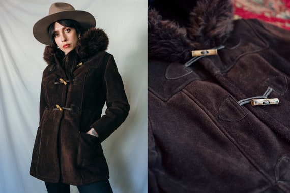 Vintage Hooded Dark Brown Suede Faux Fur Lined Jac