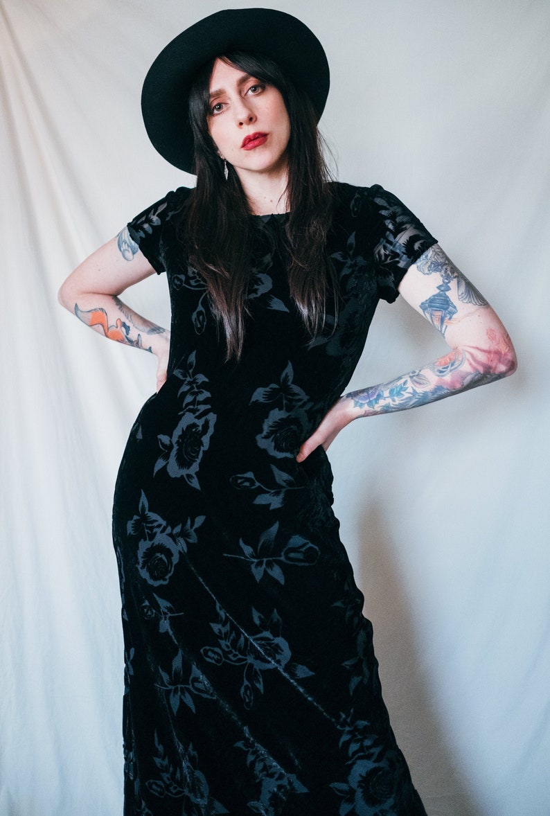Vintage Black Velvet Floral Burn Out Maxi Dress