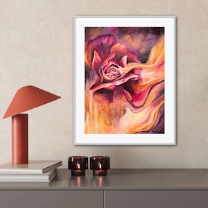 May include: Abstract painting of a pink and red rose with a yellow and orange background. The rose is painted in a flowing style with a textured brushstroke.
