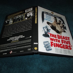 May include: DVD case for "The Beast with Five Fingers" with a vintage movie poster design. The cover features a hand with claws and the film's title in red. The back of the case has text and images.