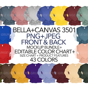 Bella Canvas 3501 PNG + JPEG Front & Back Mockup Bundle + Bearbeitbare Farbkarte + Größentabelle 43 Farben Damen Herren Unisex Flatlay Mockups