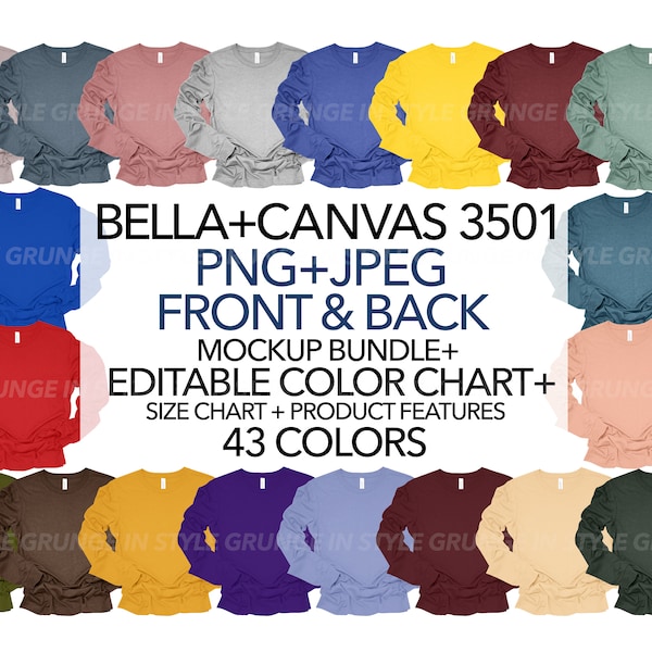 Bella Canvas 3501 PNG + JPEG Front & Back Mockup Bundle + Editable Color Chart + Size Chart  43 Colors Women Men Unisex Flatlay Mockups