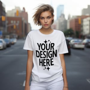 White Gildan 64000 T-shirt Mockup: Women&#39;s City Style (JPEG)