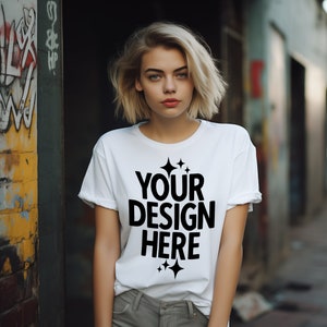 White T-shirt Mockup Gildan 64000 Women&#39;s Tee Mockup | Urban Style Shirt Mockup | Gildan g640 T-shirt Mockup | Add Your Design JPEG File
