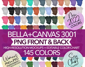 Bella Canvas 3001 Mockup Bundle: 145 Colors, Front & Back (PNG Transparent)