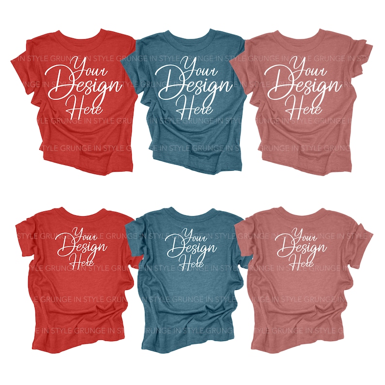 Pu&ograve; includere: Sei magliette vuote in tre colori: rosso, verde acqua e rosa polvere. Le magliette sono stropicciate e hanno il testo "Your Design Here" scritto in bianco sul davanti.