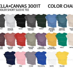 Pu&ograve; includere: Tabella colori per le magliette a maniche corte per bambini piccoli Bella + Canvas 3001T. La tabella mostra 20 colori diversi, tra cui asfalto, m&eacute;lange atletico, nero, m&eacute;lange grigio scuro, foresta, m&eacute;lange blu columbia, m&eacute;lange blu scuro, m&eacute;lange polvere, m&eacute;lange marrone, m&eacute;lange malva, m&eacute;lange rosso, m&eacute;lange pietra, m&eacute;lange viola squadra, m&eacute;lange oro giallo, kelly, naturale, blu navy, rosa, tempesta, blu reale, bianco e giallo.