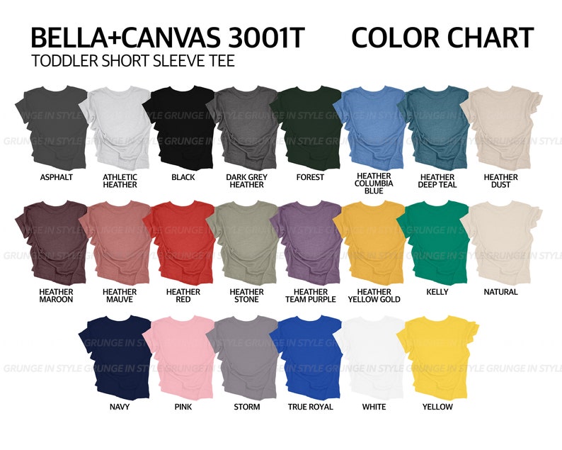 Pu&ograve; includere: Tabella colori per le magliette a maniche corte per bambini piccoli Bella + Canvas 3001T. La tabella mostra 20 colori diversi, tra cui asfalto, m&eacute;lange atletico, nero, m&eacute;lange grigio scuro, foresta, m&eacute;lange blu columbia, m&eacute;lange blu scuro, m&eacute;lange polvere, m&eacute;lange marrone, m&eacute;lange malva, m&eacute;lange rosso, m&eacute;lange pietra, m&eacute;lange viola squadra, m&eacute;lange oro giallo, kelly, naturale, blu navy, rosa, tempesta, blu reale, bianco e giallo.