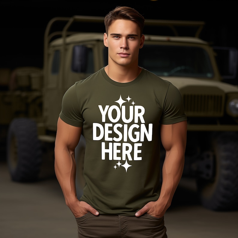 Men's Military Green Color Tshirt Mockup Gildan 64000 G640 Tshirt