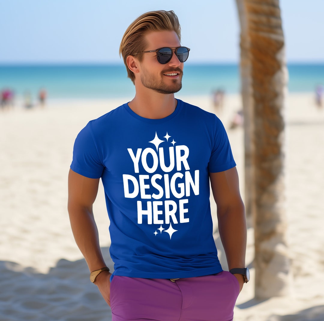 Men's Summer Tshirt Mockup Royal Blue Bella Canvas 3001 Male Model on