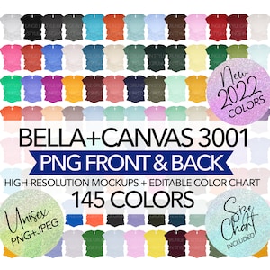 Bella Canvas 3001 Front & Back PNG Transparent + JPEG Mockup Bundle + Editable Color Chart + Size Chart 145 Colors Unisex Men Women