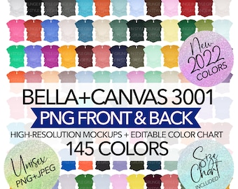 Bella Canvas 3001 Mockup Bundle: Front & Back PNG, 145 Colors