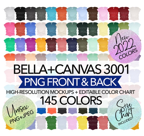 Bella Canvas 3001 Mockup Bundle: Front & Back PNG, 145 Colors