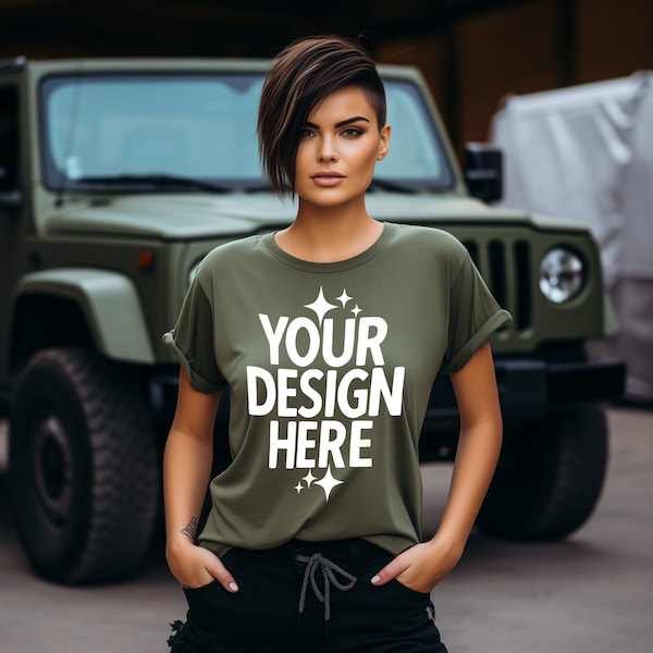 Military Green Women's T-shirt Mockup Bella Canvas 3001 Rolled Up Sleeves Loose Fit Look | POD Military Shirt Mockup | Women's Tee Mockup