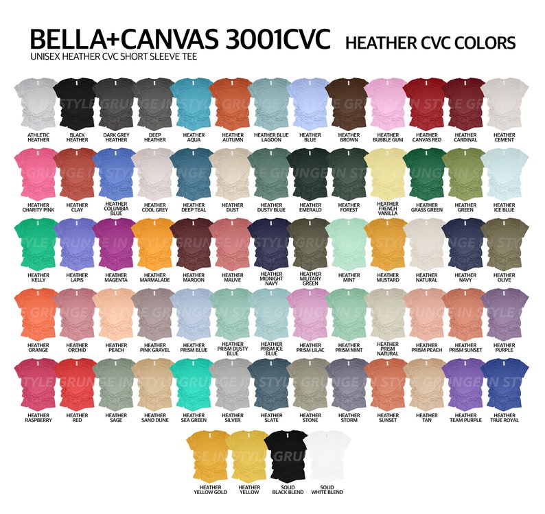 May include: A chart of 50 different heather colors for Bella + Canvas 3001 CVC unisex short sleeve t-shirts. The colors are arranged in rows and columns, with each color labeled with its name.