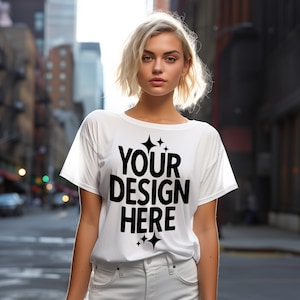 Gildan 64000 g640 White Color Women&#39;s T-shirt Mockup City Lifestyle Tshirt Mockup Gildan g640 Shirt Mockup | POD Shirt Mockup JPEG