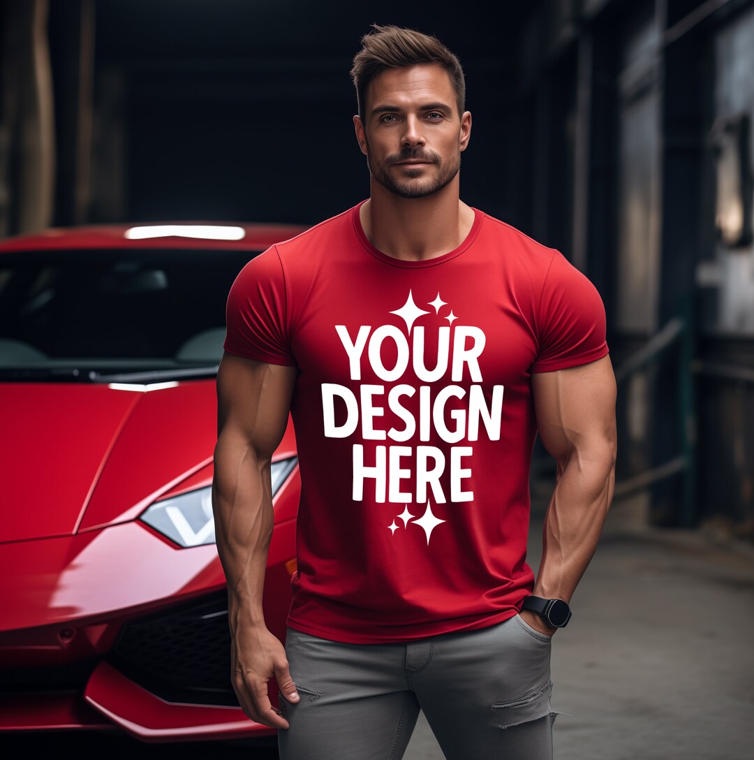 Gildan 64000 G640 Red Color T-shirt Mockup | Athletic Male Mode Muscle ...