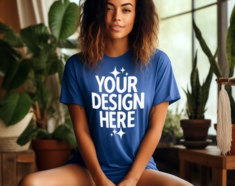 Royal Blue T-shirt Mockup: Gildan 64000 Women's Tee, Boho Style (JPEG)